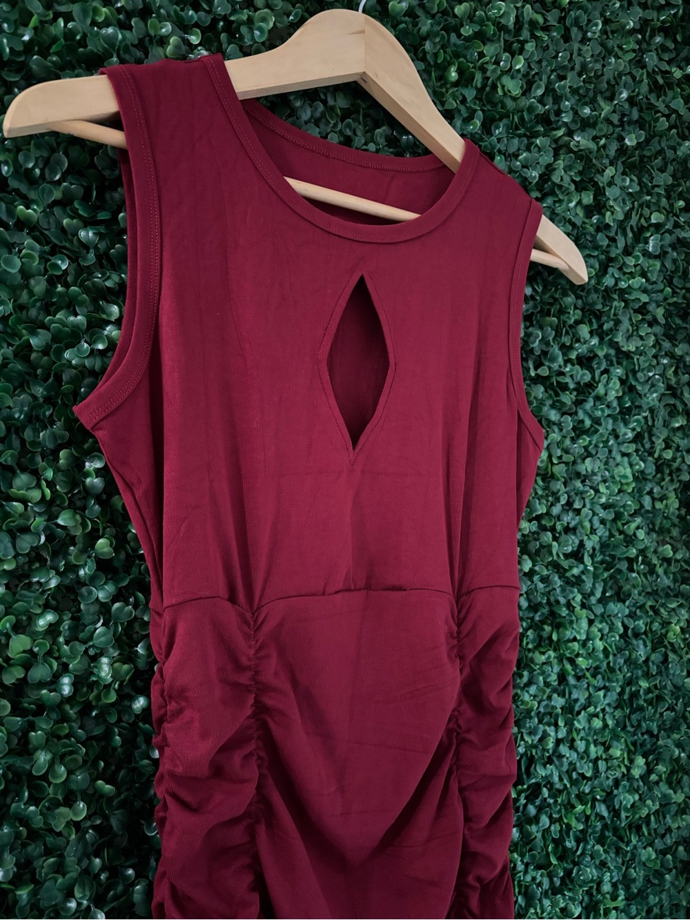 NWT Sz S Fairy Season Wine Red Ruched Bodycon Mini Dress Keyhole Stretch